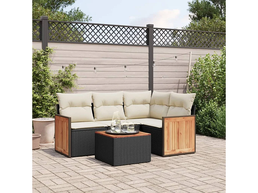 Salon de jardin 5 pcs avec coussins noir résine tressée