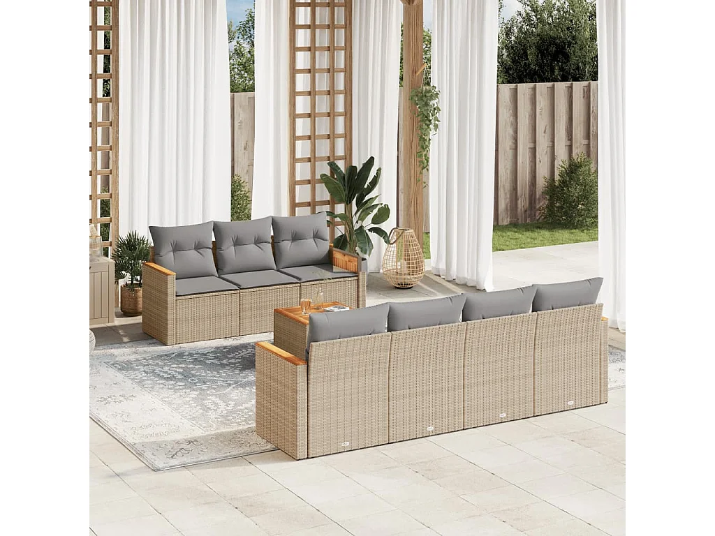 Salon de jardin avec coussins 8 pcs beige résine tressée