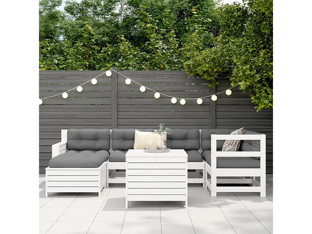 Salon de jardin 7 pcs blanc bois de pin massif