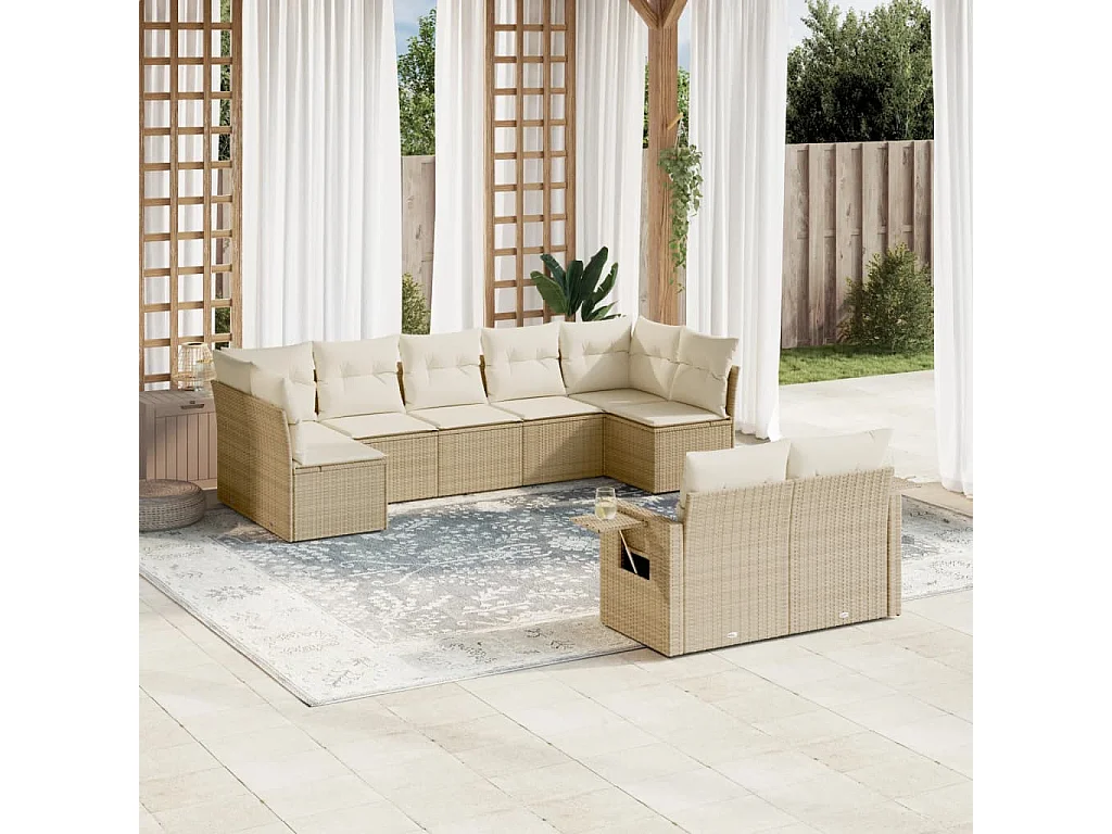 Salon de jardin avec coussins 9 pcs beige résine tressée