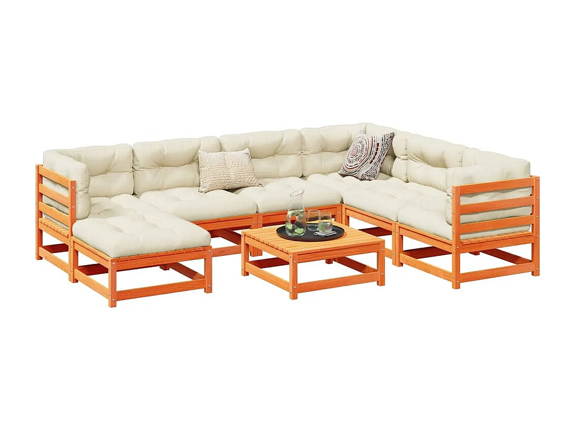 Salon de jardin 8 pcs avec coussins marron cire bois pin massif