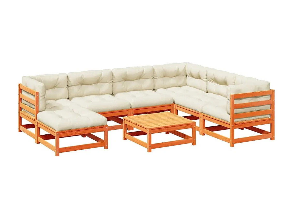 Salon de jardin 8 pcs avec coussins marron cire bois pin massif