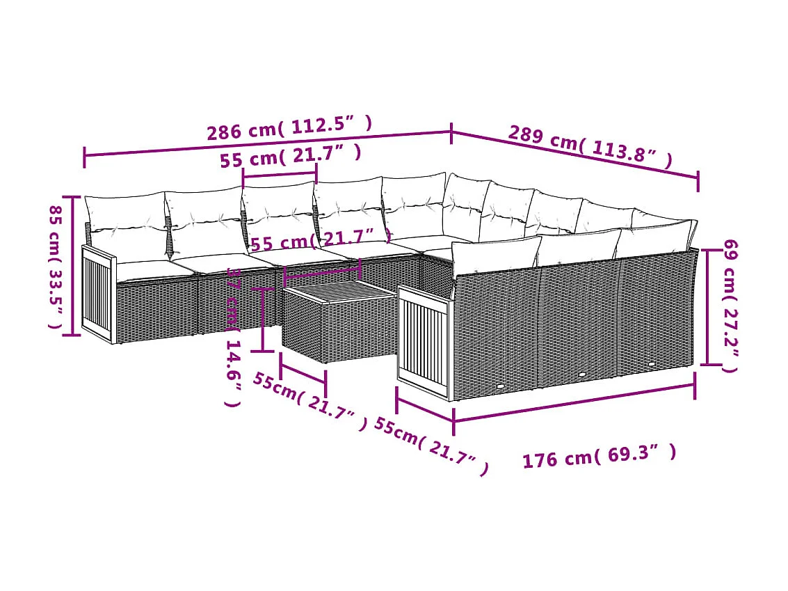 Salon de jardin avec coussins 12 pcs gris résine tressée
