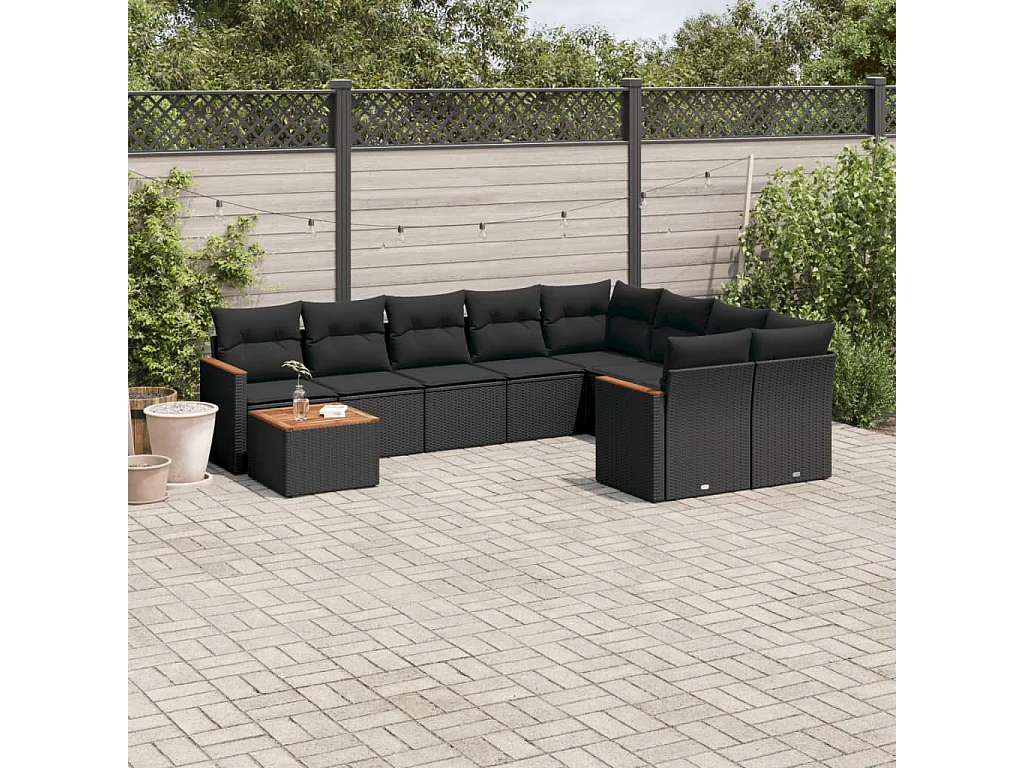 Salon de jardin 10 pcs avec coussins noir résine tressée