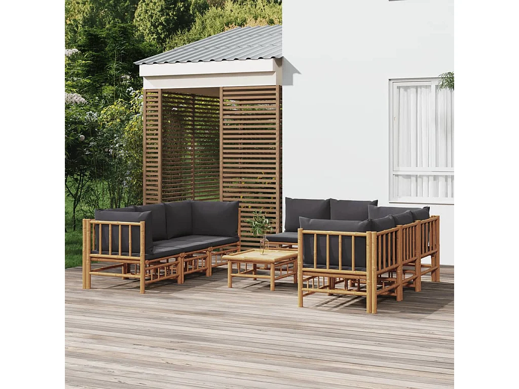 Salon de jardin 9 pcs avec coussins gris foncé bambou
