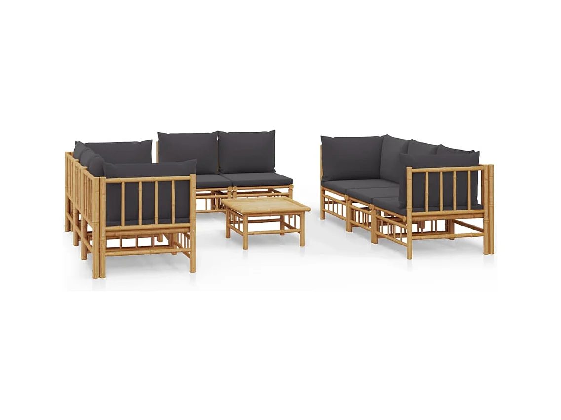 Salon de jardin 9 pcs avec coussins gris foncé bambou