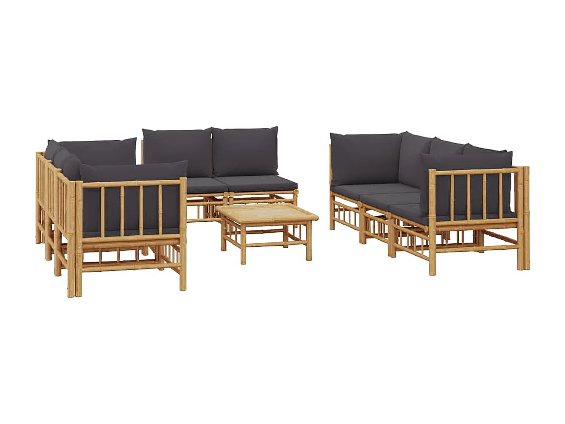 Salon de jardin 9 pcs avec coussins gris foncé bambou