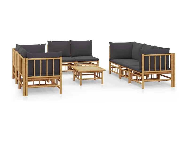 Salon de jardin 9 pcs avec coussins gris foncé bambou