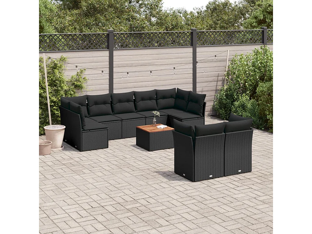 Salon de jardin 10 pcs avec coussins noir résine tressée
