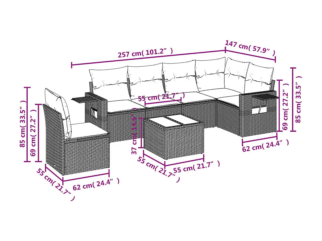 Salon de jardin avec coussins 7 pcs gris résine tressée