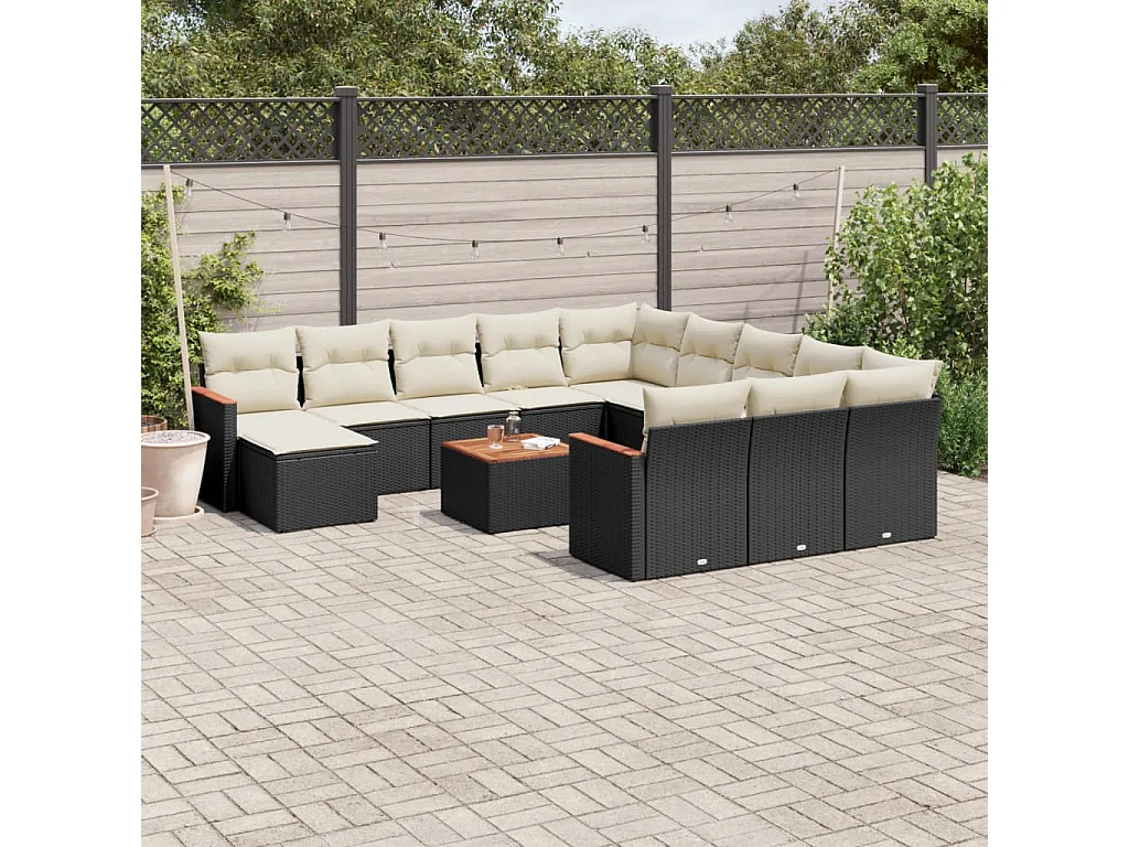 Salon de jardin avec coussins 13 pcs noir résine tressée