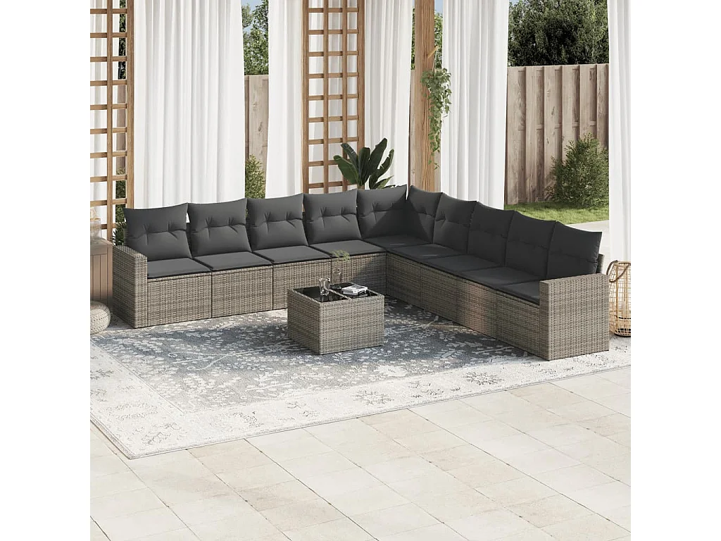 Salon de jardin avec coussins 10 pcs gris résine tressée