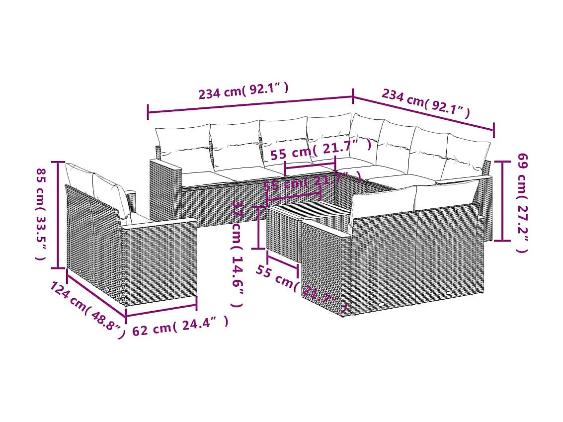 Salon de jardin 12 pcs avec coussins noir résine tressée