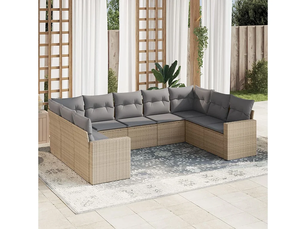 Salon de jardin avec coussins 9 pcs beige résine tressée