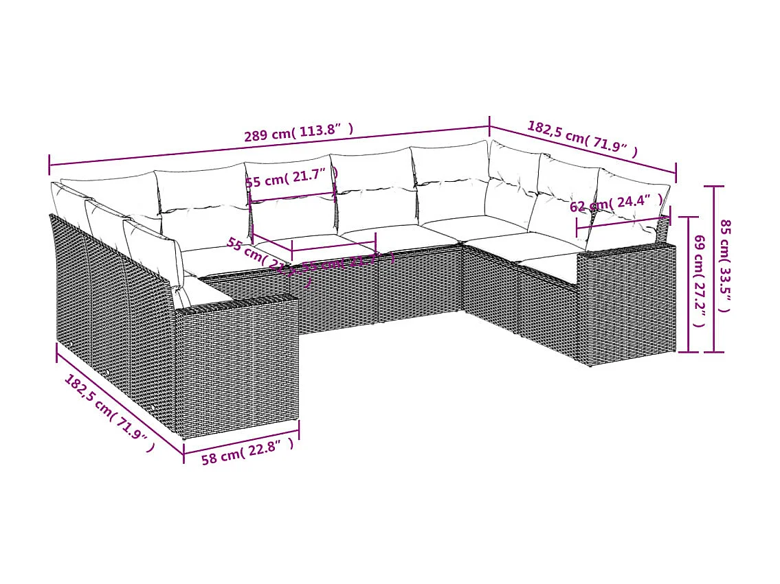 Salon de jardin avec coussins 9 pcs beige résine tressée