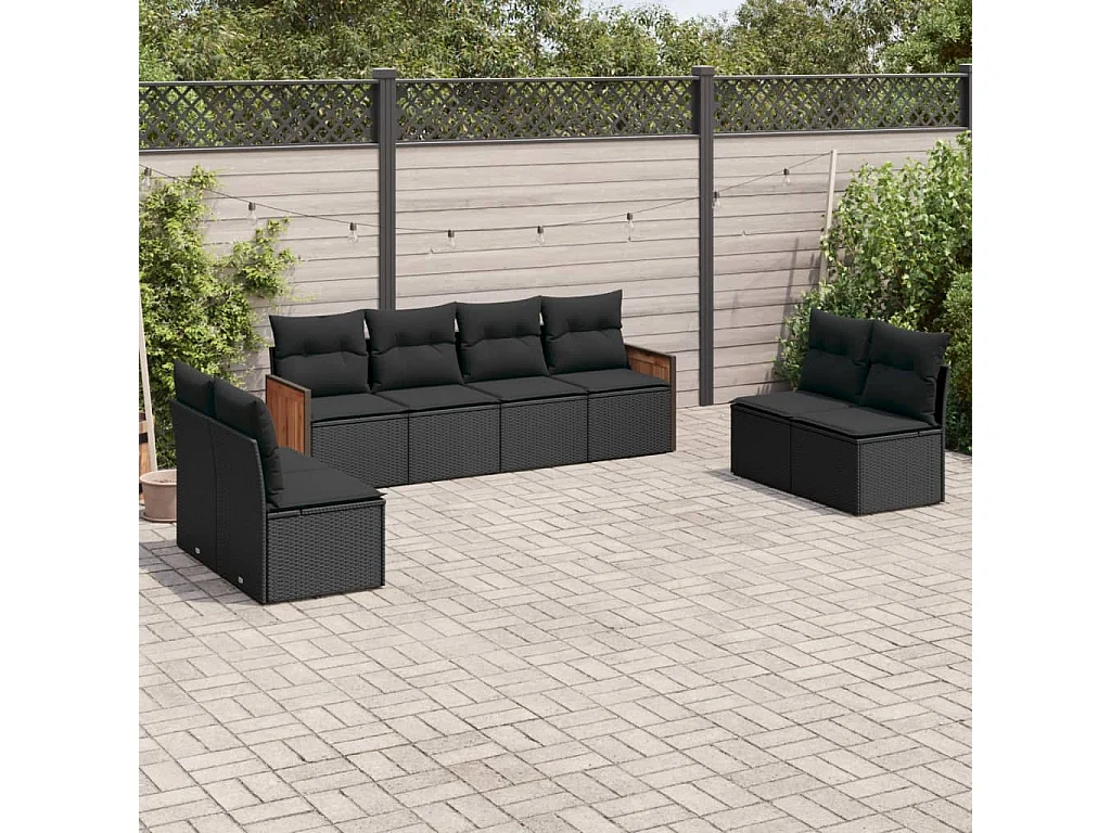 Salon de jardin 8 pcs avec coussins noir résine tressée