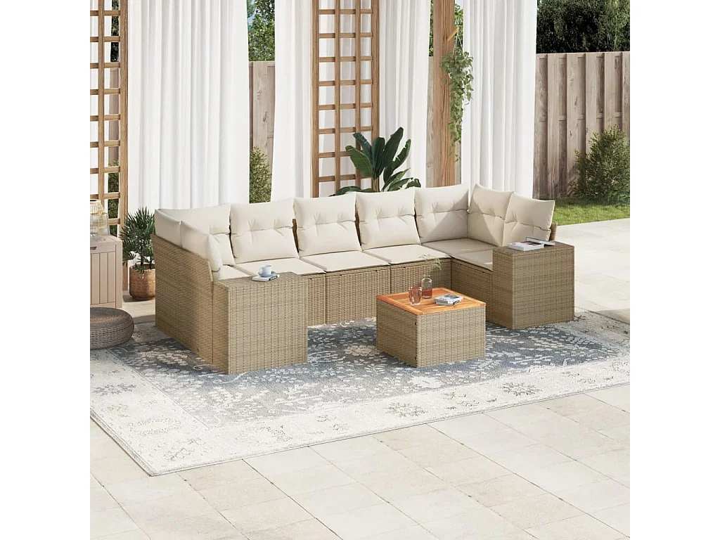 Salon de jardin avec coussins 8 pcs beige résine tressée