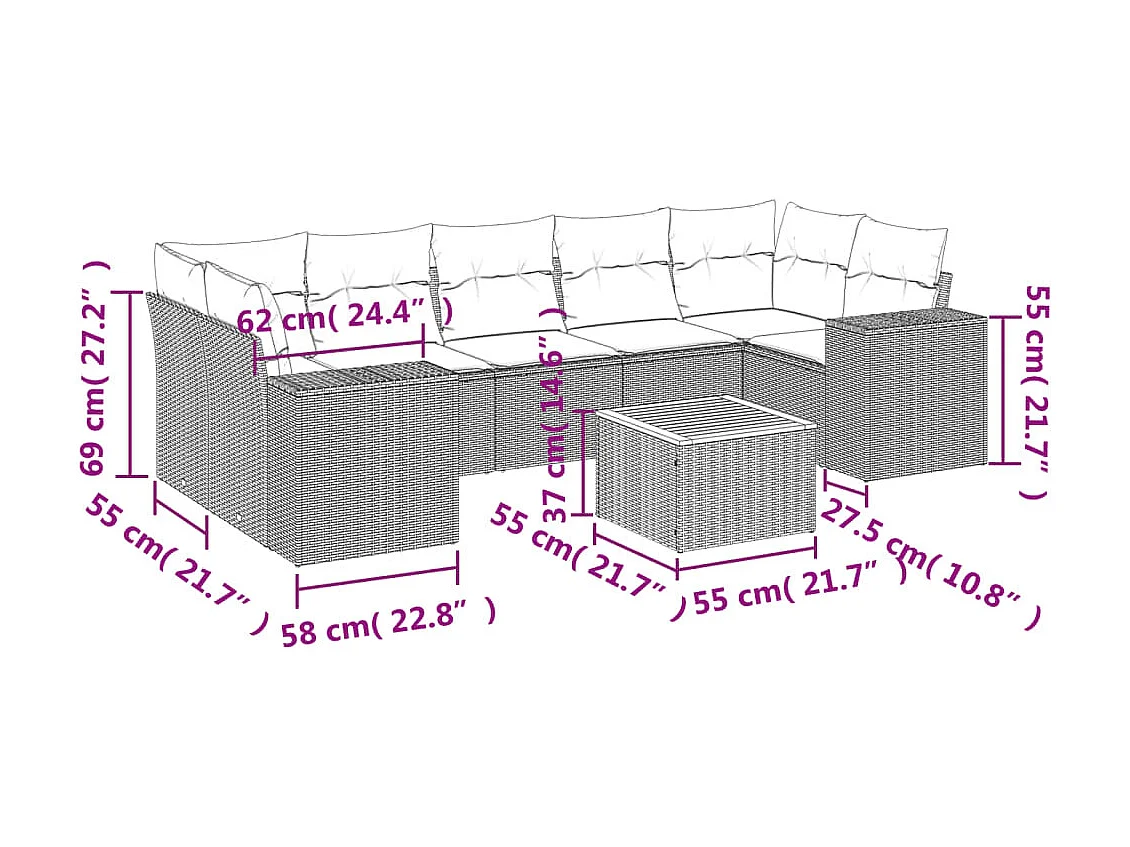 Salon de jardin avec coussins 8 pcs beige résine tressée