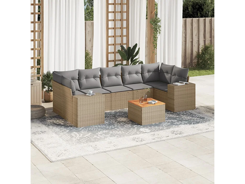 Salon de jardin avec coussins 8 pcs beige résine tressée