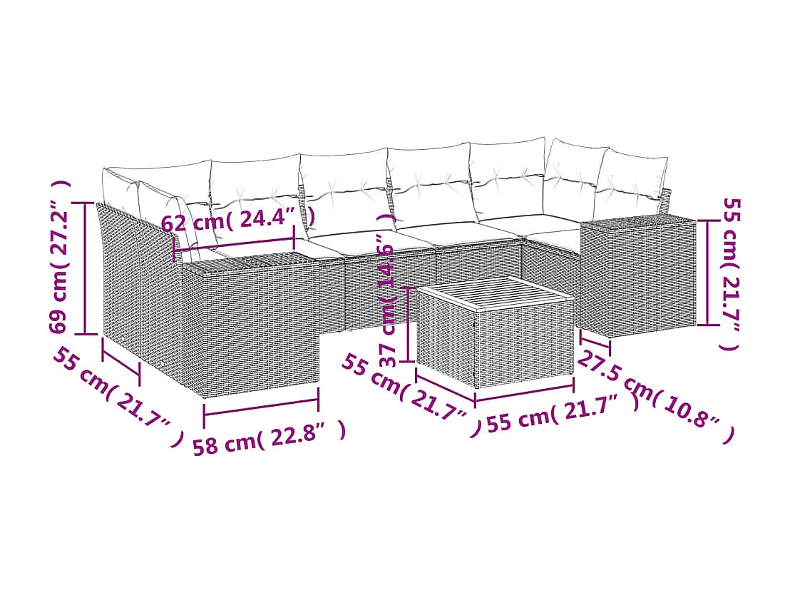 Salon de jardin avec coussins 8 pcs beige résine tressée