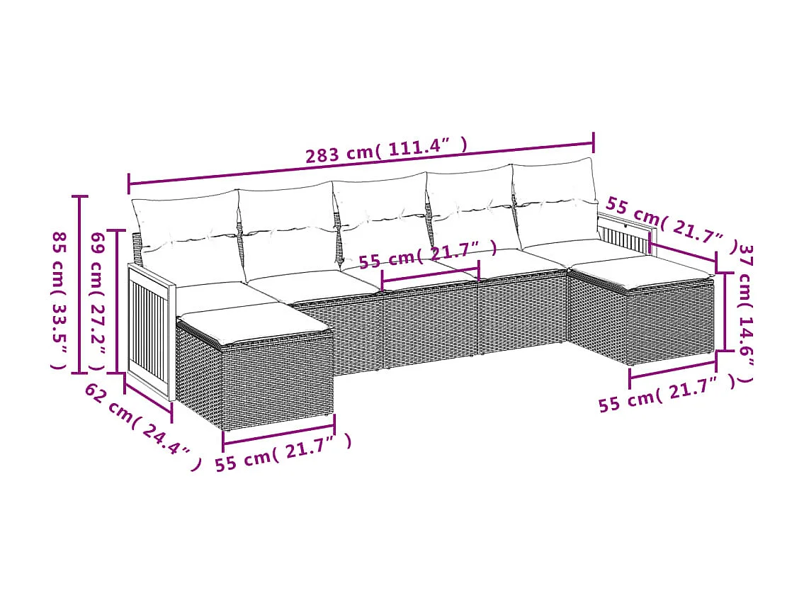 Salon de jardin avec coussins 7 pcs gris résine tressée