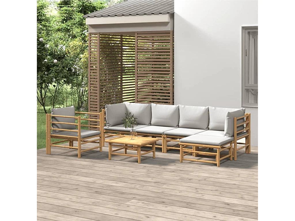 Salon de jardin 7 pcs avec coussins gris clair bambou