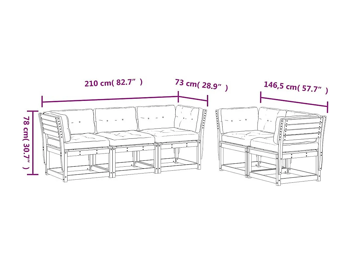Salon de jardin 5 pcs avec coussins bois de pin massif