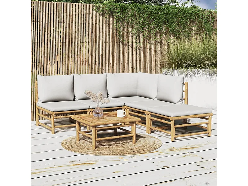 Salon de jardin 6 pcs avec coussins gris clair bambou