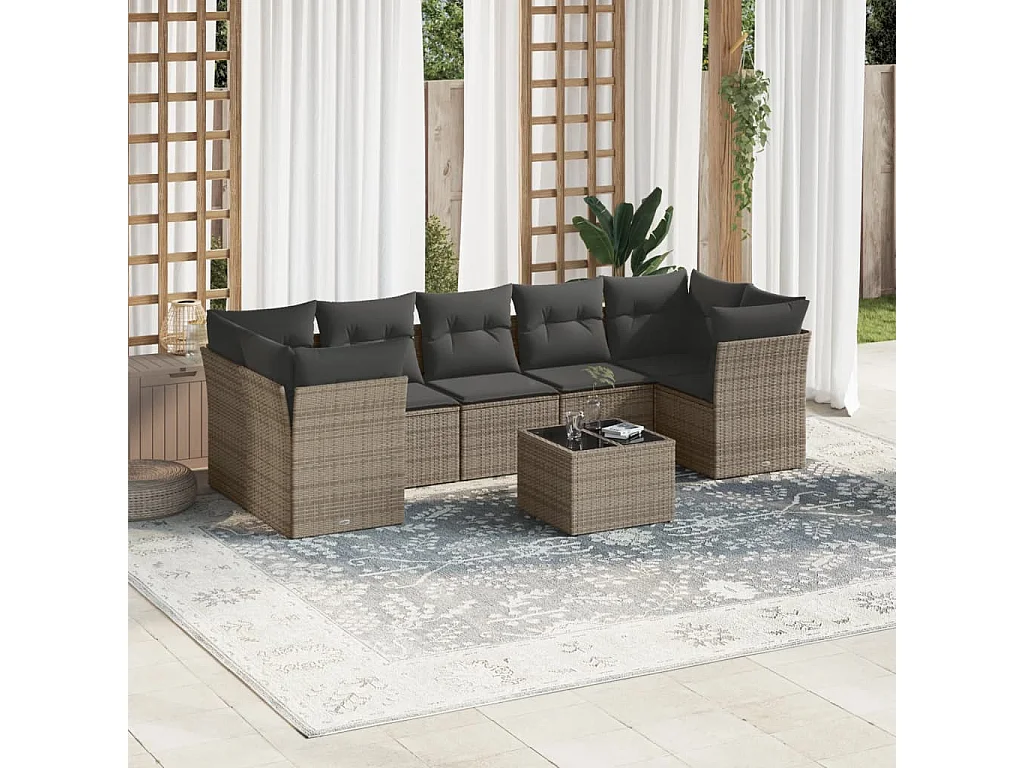 Salon de jardin 8 pcs avec coussins gris résine tressée
