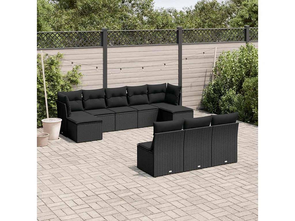 Salon de jardin 10 pcs avec coussins noir résine tressée
