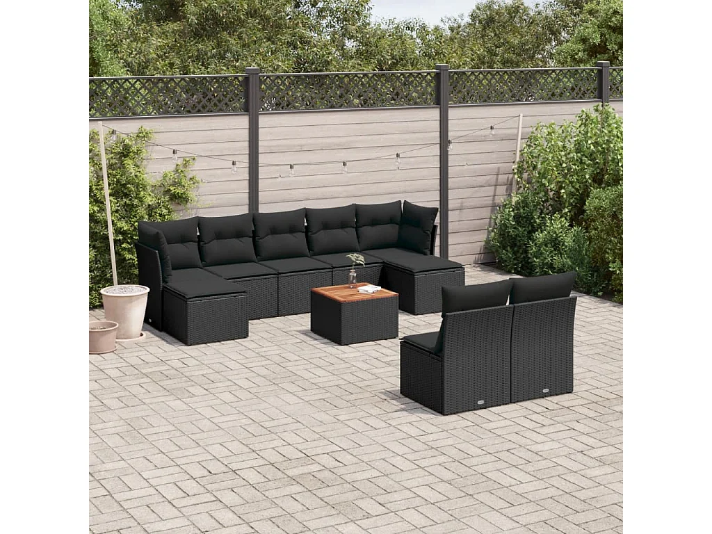 Salon de jardin 10 pcs avec coussins noir résine tressée