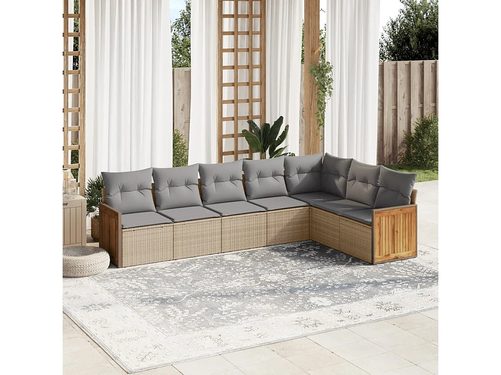 Salon de jardin avec coussins 7 pcs beige résine tressée