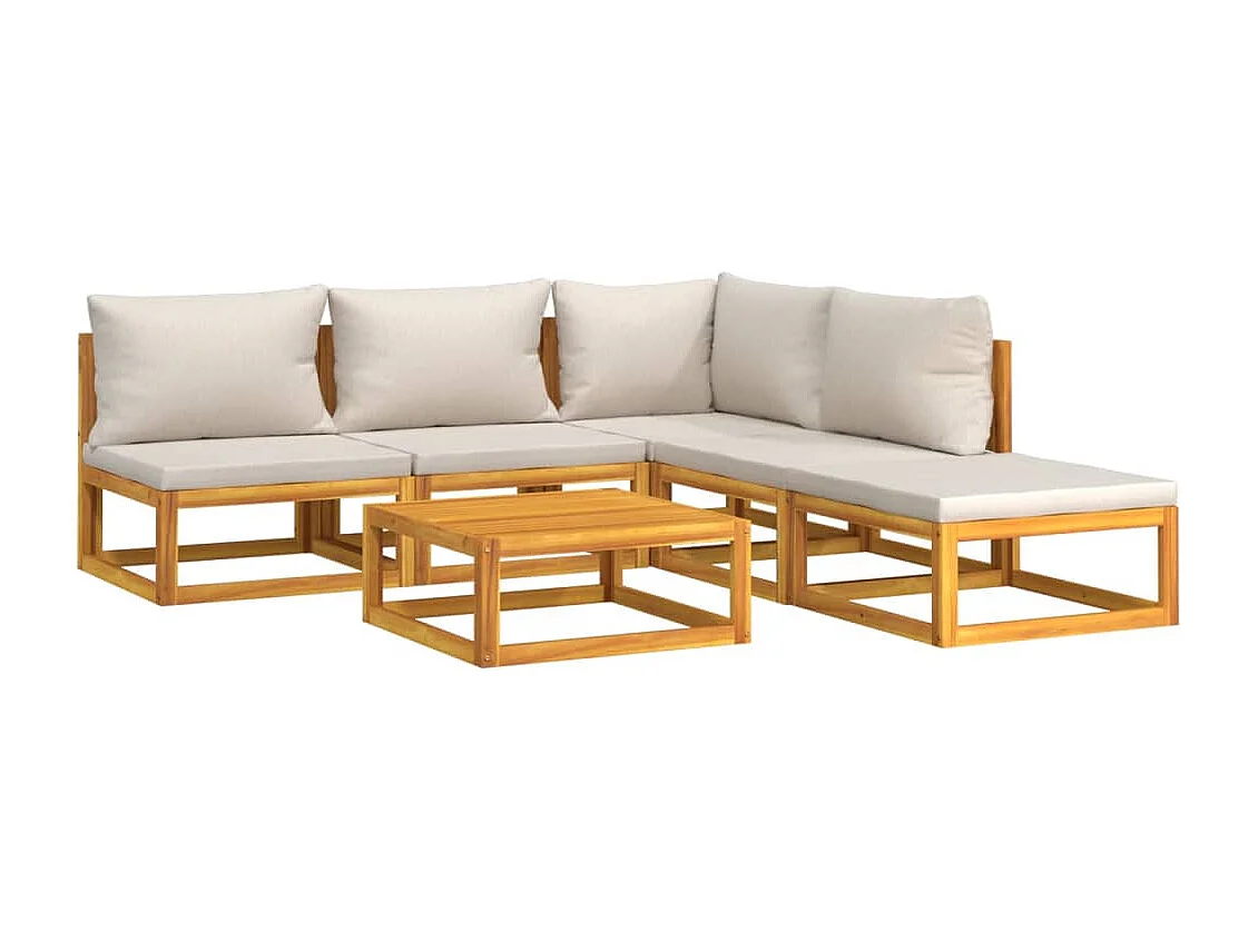 Salon de jardin 6 pcs avec coussins gris clair bois massif