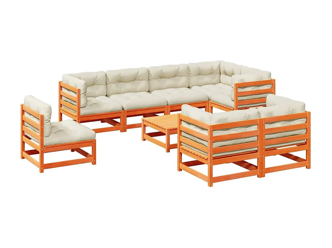 Salon de jardin 9 pcs avec coussins marron cire bois pin massif