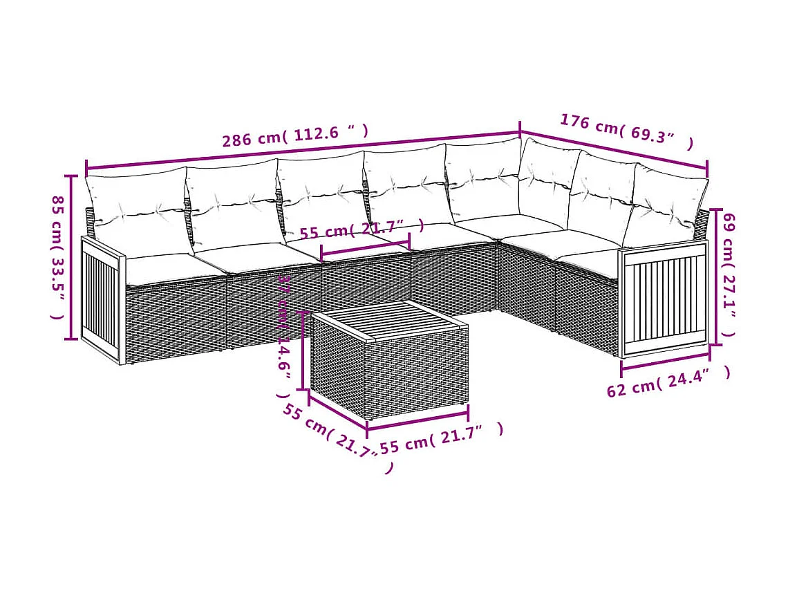 Salon de jardin 8 pcs avec coussins gris résine tressée