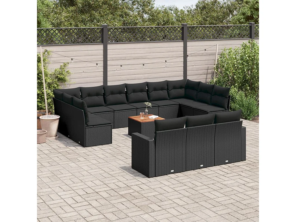Salon de jardin avec coussins 14 pcs noir résine tressée