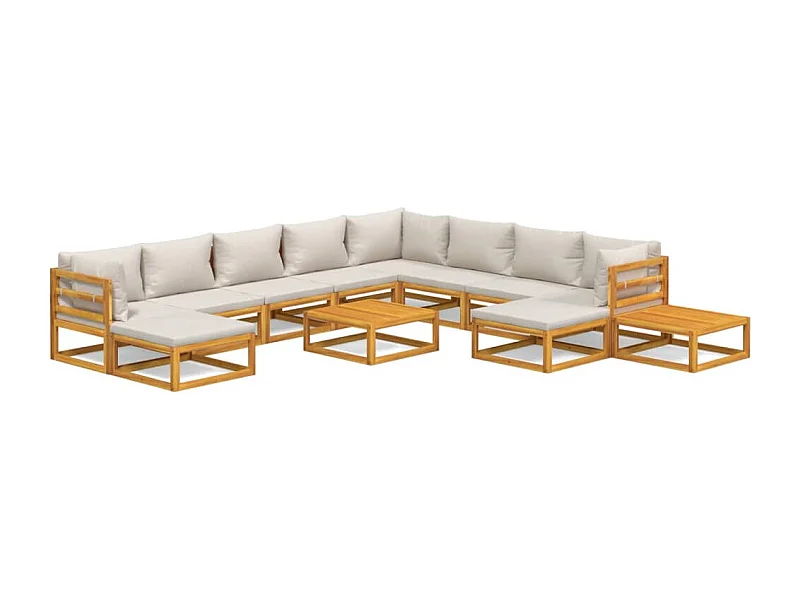 Salon de jardin 12 pcs avec coussins gris clair bois massif