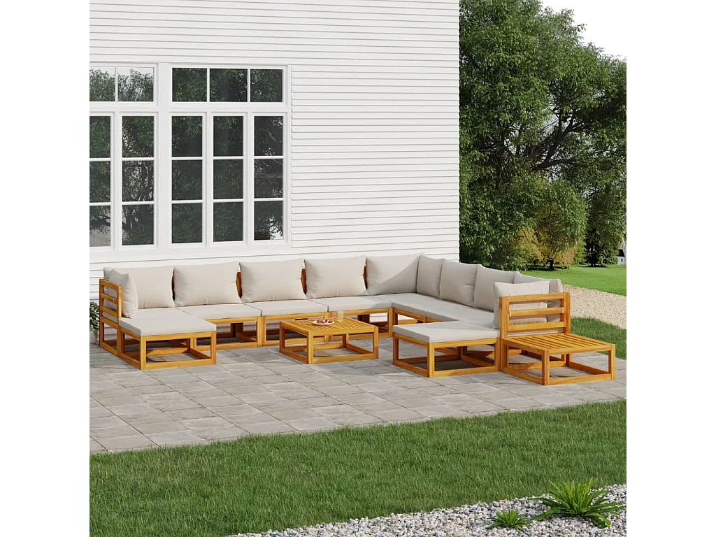 Salon de jardin 12 pcs avec coussins gris clair bois massif