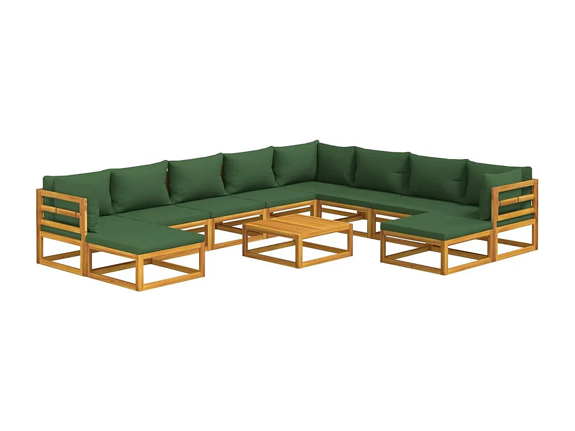 Salon de jardin 11 pcs avec coussins vert bois massif