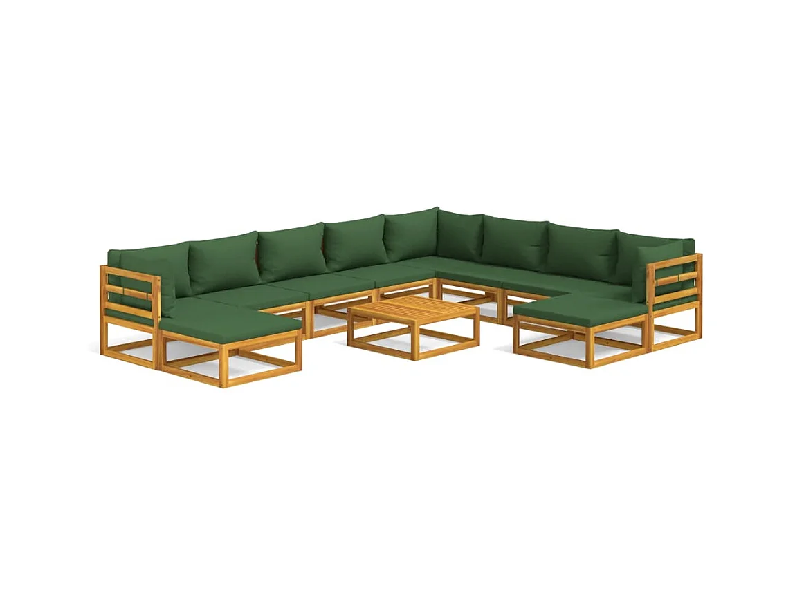 Salon de jardin 11 pcs avec coussins vert bois massif