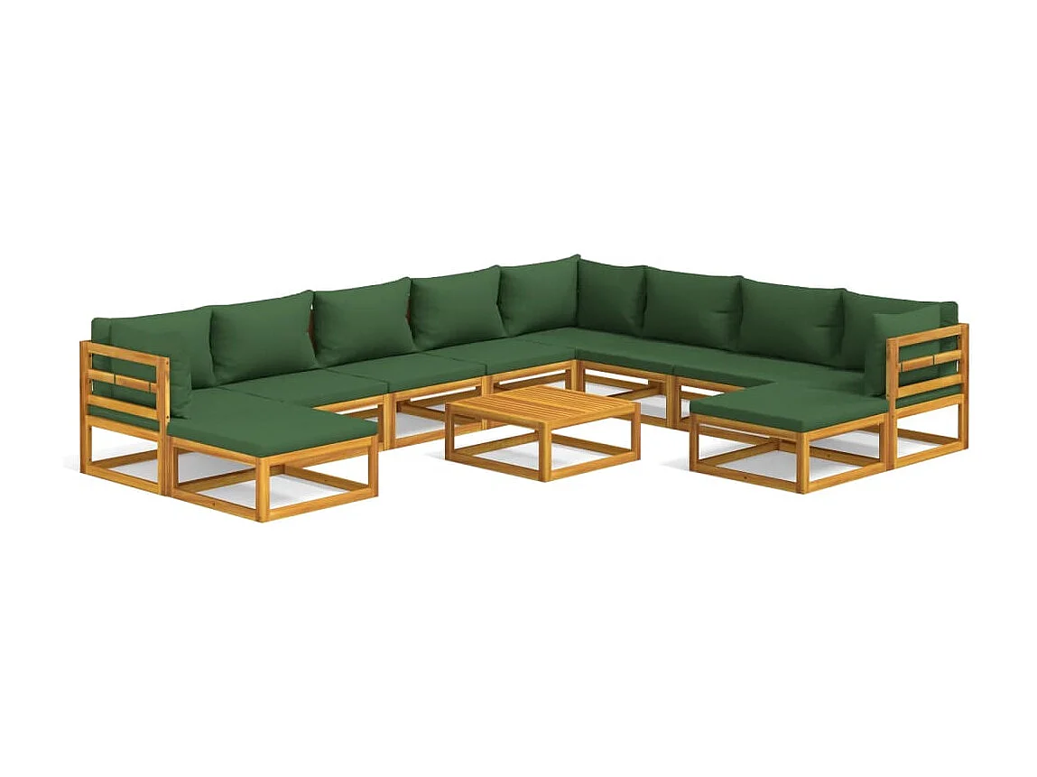 Salon de jardin 11 pcs avec coussins vert bois massif