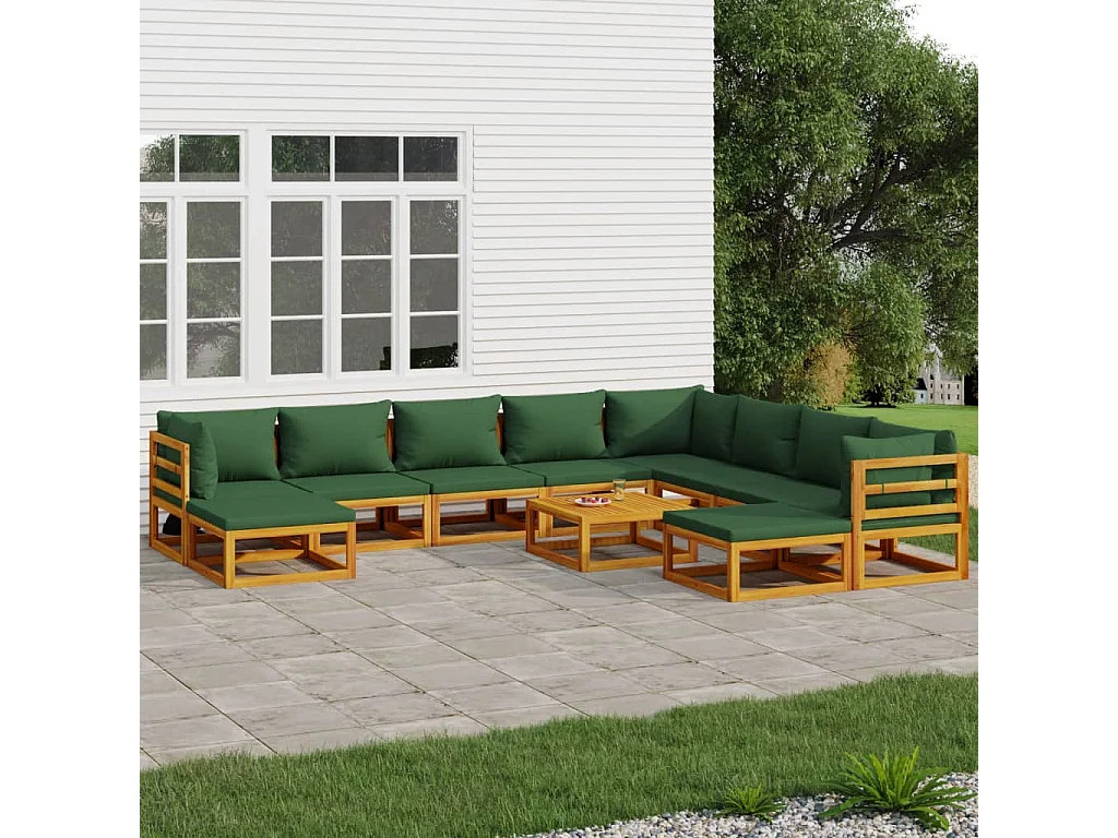 Salon de jardin 11 pcs avec coussins vert bois massif
