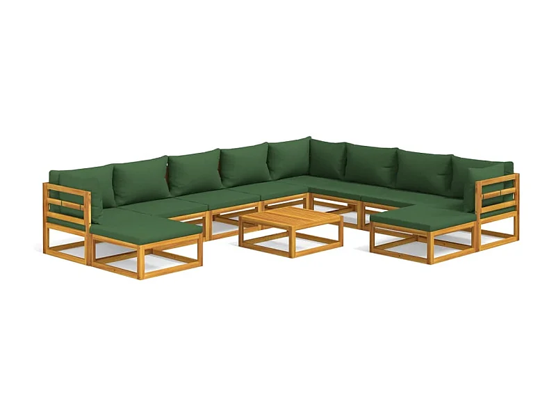 Salon de jardin 11 pcs avec coussins vert bois massif