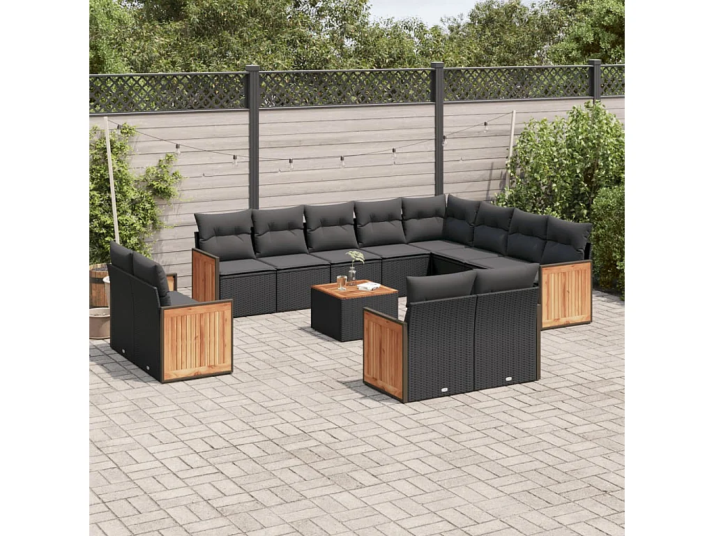 Salon de jardin avec coussins 13 pcs noir résine tressée