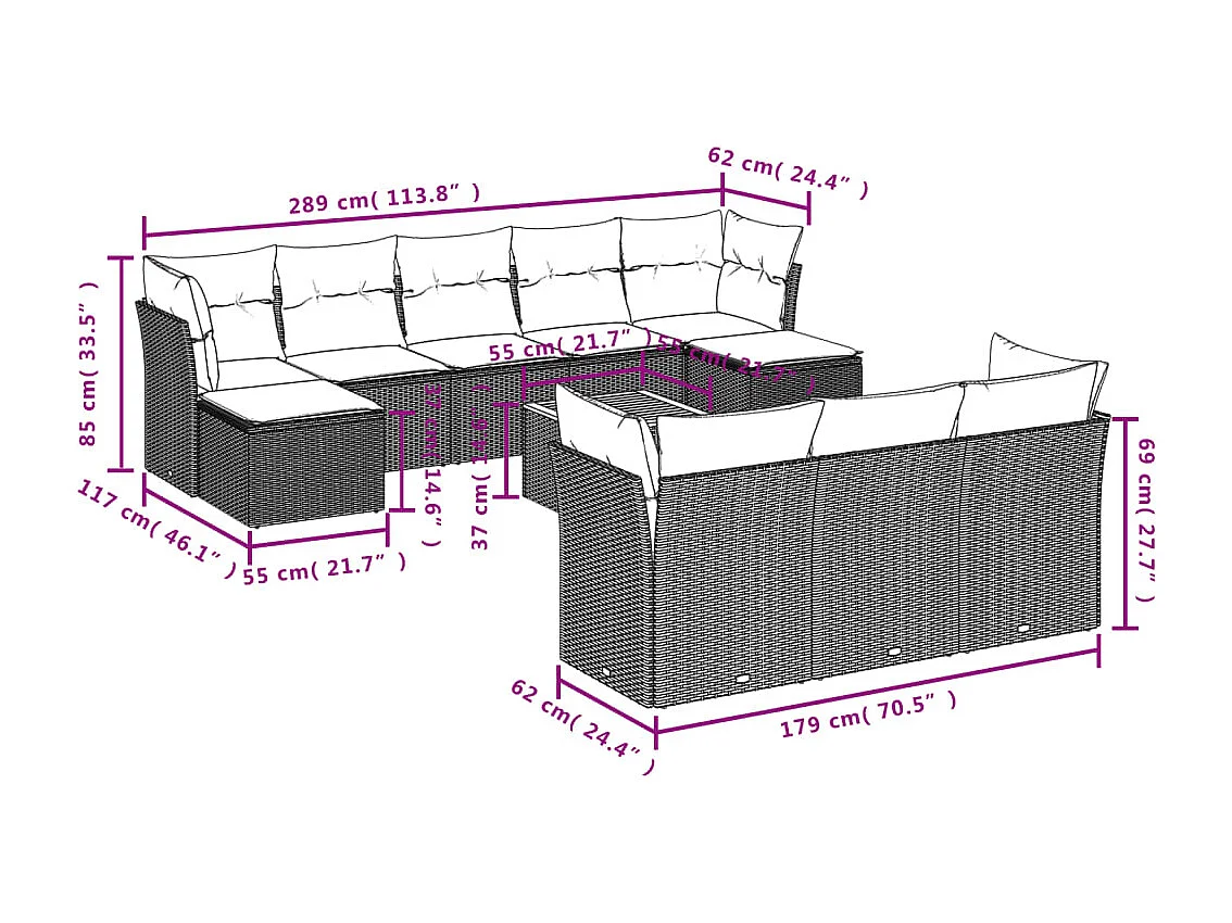 Salon de jardin 11 pcs avec coussins noir résine tressée