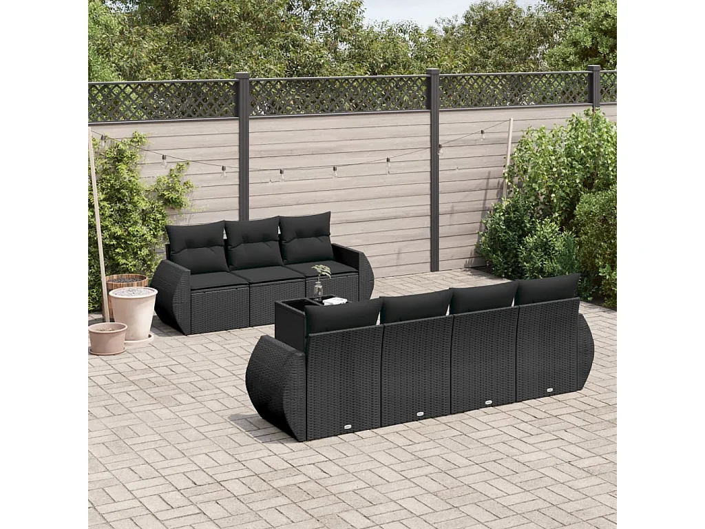 Salon de jardin 8 pcs avec coussins noir résine tressée