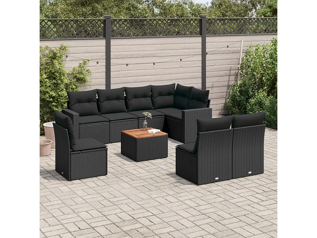 Salon de jardin 9 pcs avec coussins noir résine tressée