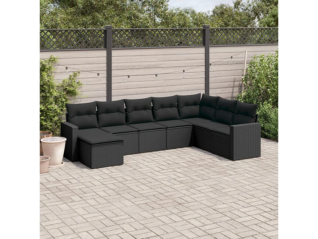Salon de jardin 8 pcs avec coussins noir résine tressée