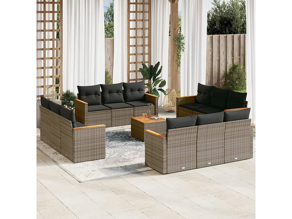 Salon de jardin avec coussins 13 pcs gris résine tressée