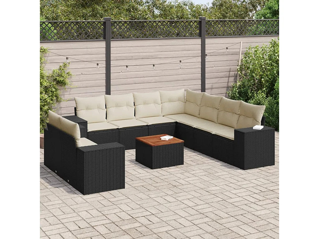 Salon de jardin 10 pcs avec coussins noir résine tressée